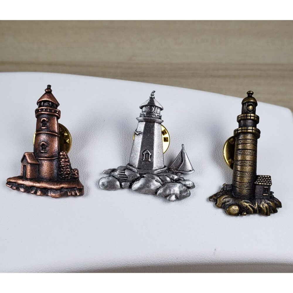 JJ Lighthouse Brooch Lapel Pin Lot (Pewter/Copper/Brass-Toned) Metallic Signed